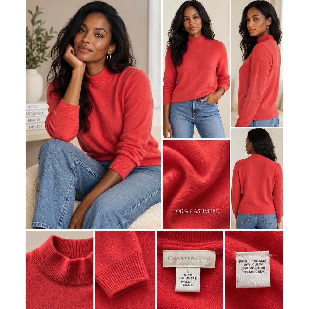 Charter Club 100% Cashmere Mock Neck Sweater Coral Red Large L 2-Ply Luxury